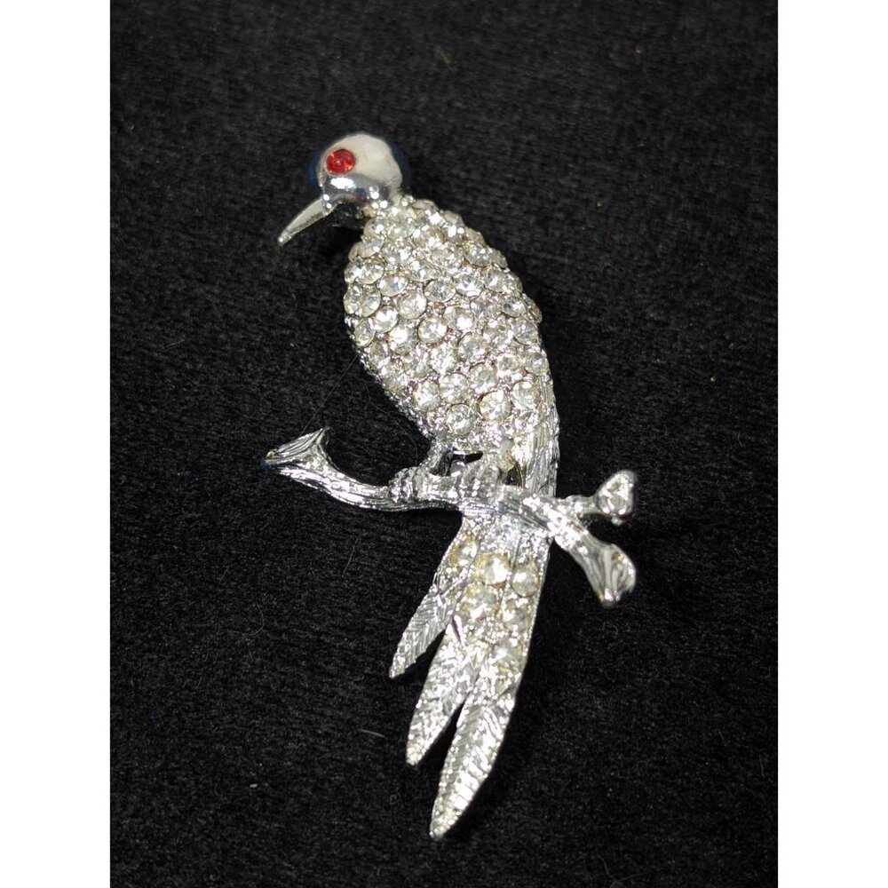 Vintage 1960s Brooch Rhinestone Pave Bird On Branch Silver Tone - Picture 1 of 7